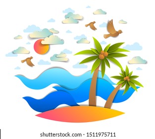 Beach with palms, sea waves perfect seascape, birds clouds and sun in the sky, summer beach holidays theme paper cut style vector illustration.