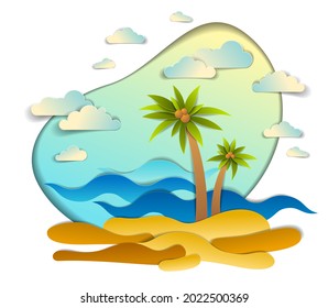 Playa con palmeras, olas marinas perfectas en el paisaje marino, nubes en el cielo, veraneo veraniego vacaciones de playa temática de papel cortado estilo ilustración vectorial.  