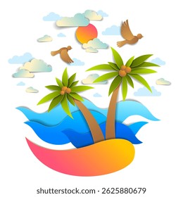 Beach with palms, sea waves perfect seascape, birds clouds and sun in the sky, summer beach holidays theme paper cut style vector illustration.