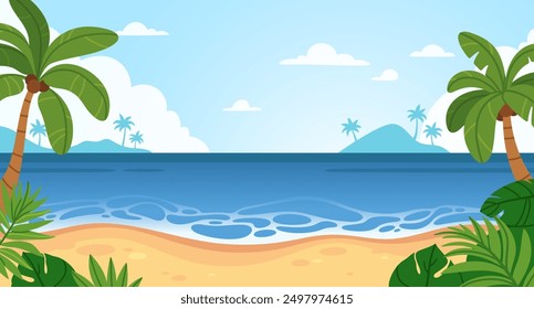 Beach with palms. Summer day sea landscape. Nature paradise with palm trees, sand, blue ocean waves. Shoreline with tropical plants. Background with relax beach. Vector illustration.