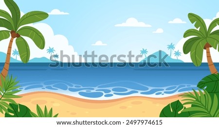 Beach with palms. Summer day sea landscape. Nature paradise with palm trees, sand, blue ocean waves. Shoreline with tropical plants. Background with relax beach. Vector illustration.