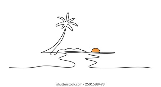 Beach panorama in continuous one line art drawing. Sunset with coconut tree and sea in single line. Panorama landscape of nature art.