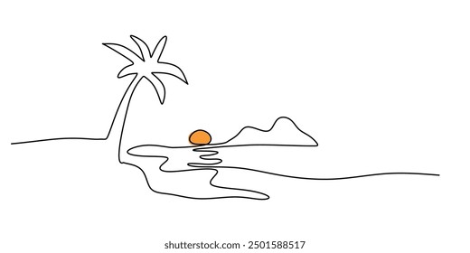 Beach panorama in continuous one line art drawing. Sunset with coconut tree and sea in single line. Panorama landscape of nature art.
