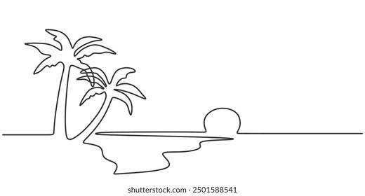 Beach panorama in continuous one line art drawing. Sunset with coconut tree and sea in single line. Panorama landscape of nature art.