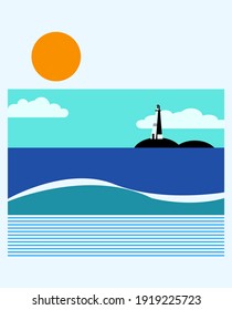 Beach panorama with orange sun background vector illustration.