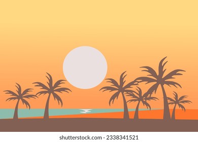 Eine Panoramalage am Strand, Sonnenuntergang mit Palmen auf buntem Hintergrund. Vektorgrafik.