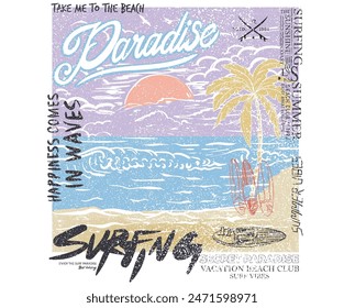 Strandparadies-Kunstwerke. Der Palm Beach Club. Sonnenschein die ganze Zeit. Sun Vektorgrafik Grafikdesign für Bekleidung, Aufkleber, Poster, Hintergrund und andere. Surfclub Vektorgrafik Design.