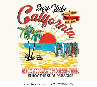 Strandparadies-Kunstwerke. Der Palm Beach Club. In: California Surfing Club. Perfekte Welle. Sommer Vektorgrafik Grafikdesign für Bekleidung, Aufkleber, Poster, Hintergrund und andere. Surfclub Vektorgrafik Design.