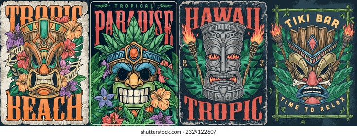 Beach paradise colorful set poster with heads of deities from Hawaiian and polynesian culture for travel agency advertising vector illustration