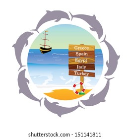 beach paradise with dolphin vector illustration