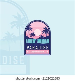 beach or paradise emblem logo modern vintage vector illustration template icon graphic design. palm or coconut tree at the outdoors with surfboard sign or symbol for travel adventure