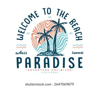 Beach paradise line art with palm trees illustration, ready for print on paper poster, t-shirt and other uses.