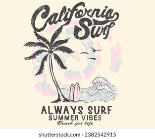 Beach paradise Print t shirt graphics design, typography slogan on palm trees background. tie dye t shirt print. Summer good vibes. California surf club. Beach summer  vintage print design artwork.