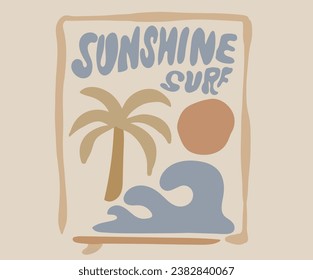 Beach Paradise Print t shirt graphics design, typography slogan on palm trees background. Summer beach vibes. Ocean wave modern art. Sunshine surf. 