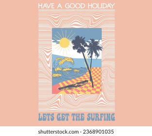  Beach Paradise Print T-shirt Graphics Design, typography slogan on palm trees background for summer fashion print. Big wave. Living on island time. Summer surfing club.