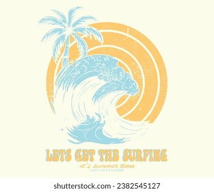 Beach Paradise Print t-shirt Graphics design, typography slogan on palm trees background for summer fashion print. Ocean wave, take me to the sunshine.