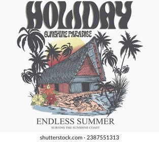 Beach paradise resort. Enjoy holiday at dream paradise resort t-shirt design. Summer vibes long beach hand draw. Endless summer artwork. Miami, california, hawaii, aloha surf typography for t shirt.