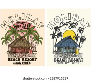 Beach paradise resort. Enjoy holiday at paradise resort t-shirt design. Summer vibes long beach hand draw. Endless summer artwork. Miami, california, hawaii, aloha surf typography for t shirt.