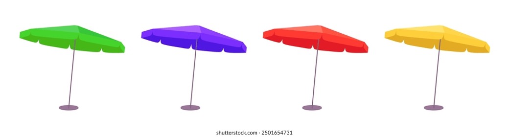 Beach parasol set. Sun umbrella collection. Beach yellow, green, red, blue parasols isolated on white. Summer sunshade icons. Vector illustration of holidays in tropics.