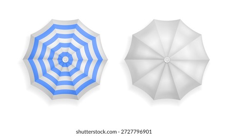 Sonnenschirm mit Streifen, der im Sommer Schatten spendet. Vektor realistische einzelne Satz von einfachen Regenschirmen zum Schutz vor Sonne und Schatten. Urlaub und tropische Erholung Essentials Draufsicht