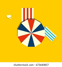 Beach parasol or sun umbrella icon. Top view of a open vintage beach umbrella. Summertime vector illustration.