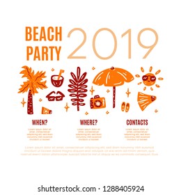 Beach party 2019. Invitation concept. Vector illustration