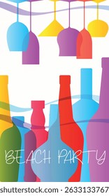 Festa na praia, conjunto de garrafas de álcool, design plano, cores brilhantes. Banner bar, menu, lista de vinhos, sommelier, uísque, vinho branco, cabernet, martini