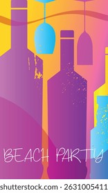 Beach party, alcohol bottles, glasses set. Vector design banner for bar, restaurant, wine list, red wine, chardonnay, martini