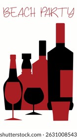 Beach party, alcohol collection flat design, black and red colors. Poster for bar, menu design, wine bottle illustration, chardonnay, white wine, rum