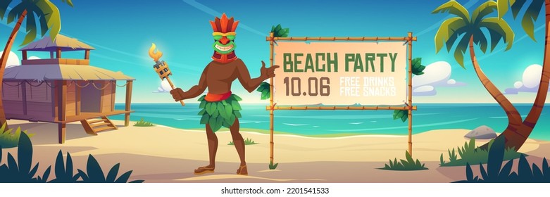 Beach party announcement with Tiki man in mask holding torch on Hawaii or tropical island with hut on sandy shore, aboriginal character with toothy face invite for fun, Cartoon vector illustration