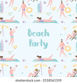 Fondo o marco de fiesta de playa con lugar para texto, personajes masculinos y femeninos activos, tiempo de verano divertido, Anuncio de vacaciones, Ilustración vectorial de estilo de moda