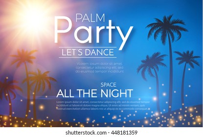 Beach Party Background with Palm Trees. Tropical Design. Paradise Space with Moon and Sea. Vector illustration