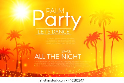 Beach Party Background with Palm Trees. Tropical Design. Paradise Space with Sun and Sea. Vector illustration