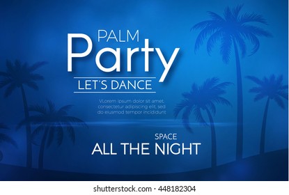 Beach Party Background with Palm Trees. Tropical Design. Paradise Space with Moon and Sea. Vector illustration