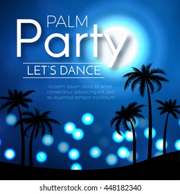 Beach Party Background with Palm Trees. Tropical Design. Paradise Space with Moon and Sea. Vector illustration