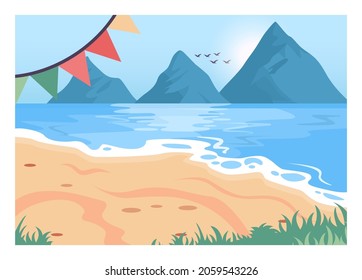 Beach-Party-Hintergrund. Sommerurlaub und Urlaub am Meer oder an der Meeresbucht. Sonnige Natur und schöne Aussicht. Vektorgrafik im Cartographie-Stil