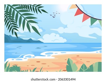Beach party background. Summer vacation and holiday at the sea or ocean bay. Sunny nature and beautiful view. Vector illustration in cartoon style