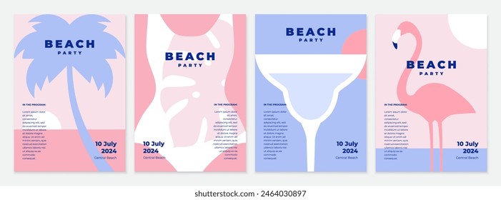 Beach party banner or poster template set in pastel colors. Summer vacation background with palm tree, swimsuit, cocktail and flamingo.