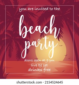 Diseño de plantilla vectorial de banner de fiesta de playa en estilo plano. Cartel de la fiesta de verano en la playa, invitación, folleto o disposición con puesta de sol junto al mar, pájaros voladores y palmeras al fondo.