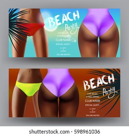 Beach party banners with bottom part of girls in swimsuits. Vector illustration