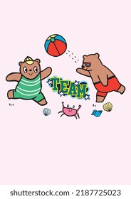 BEACH PARTY BEAR TEDDY BEACH BALL CRAB SEA SIDE SWIM CHARACTERS GRAPHIC VECTOR