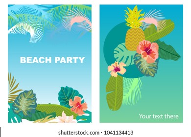 Beach Party cards set. Retro design with  palm leaves, tropical fowers and colorful sky. Template for covers, banners, flyers, wedding invitations. On blue background.