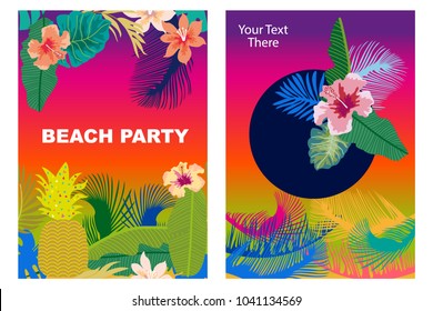 Beach Party cards set. Retro design with  palm leaves, tropical fowers and colorful sky. Template for covers, banners, flyers, wedding invitations. On multicolored background.