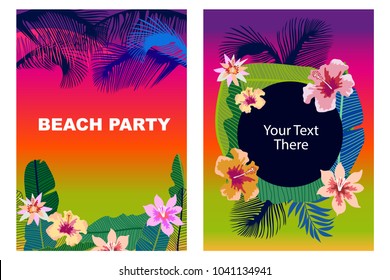Beach Party cards set. Retro design with  palm leaves, tropical fowers and colorful sky. Template for covers, banners, flyers, wedding invitations. On blue background.