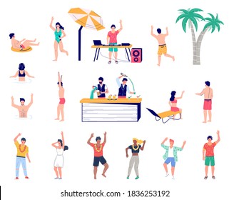 El personaje de la caricatura de Beach party es una ilustración aislada de un vector plano. DJ tocando música disco, barmen vertiendo cerveza, gente nadando en la piscina, flotando en anillo de goma, bailando, divirtiéndose. Vacaciones de verano