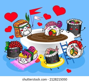 Beach party at the cartoon sushi. Cute sushi is bathed in soy sauce bath. 
