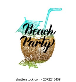 Beach Party Coconut Cocktail. Vector Illustration of Holiday Drink.