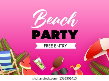Beach party colorful poster design. Ice cream, cocktail, sun umbrella, chair on pink background. Vector illustration can be used for banners, flyers, invitations