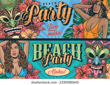 Beach party colorful set banners with hot girls in bikini and tiki masks for oceanfront music festival advertisement vector illustration