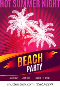 Beach Party design of flyer with place for text. Hot summer night party. Vector illustration